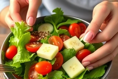 Mindful preparation of a fresh, colorful salad.